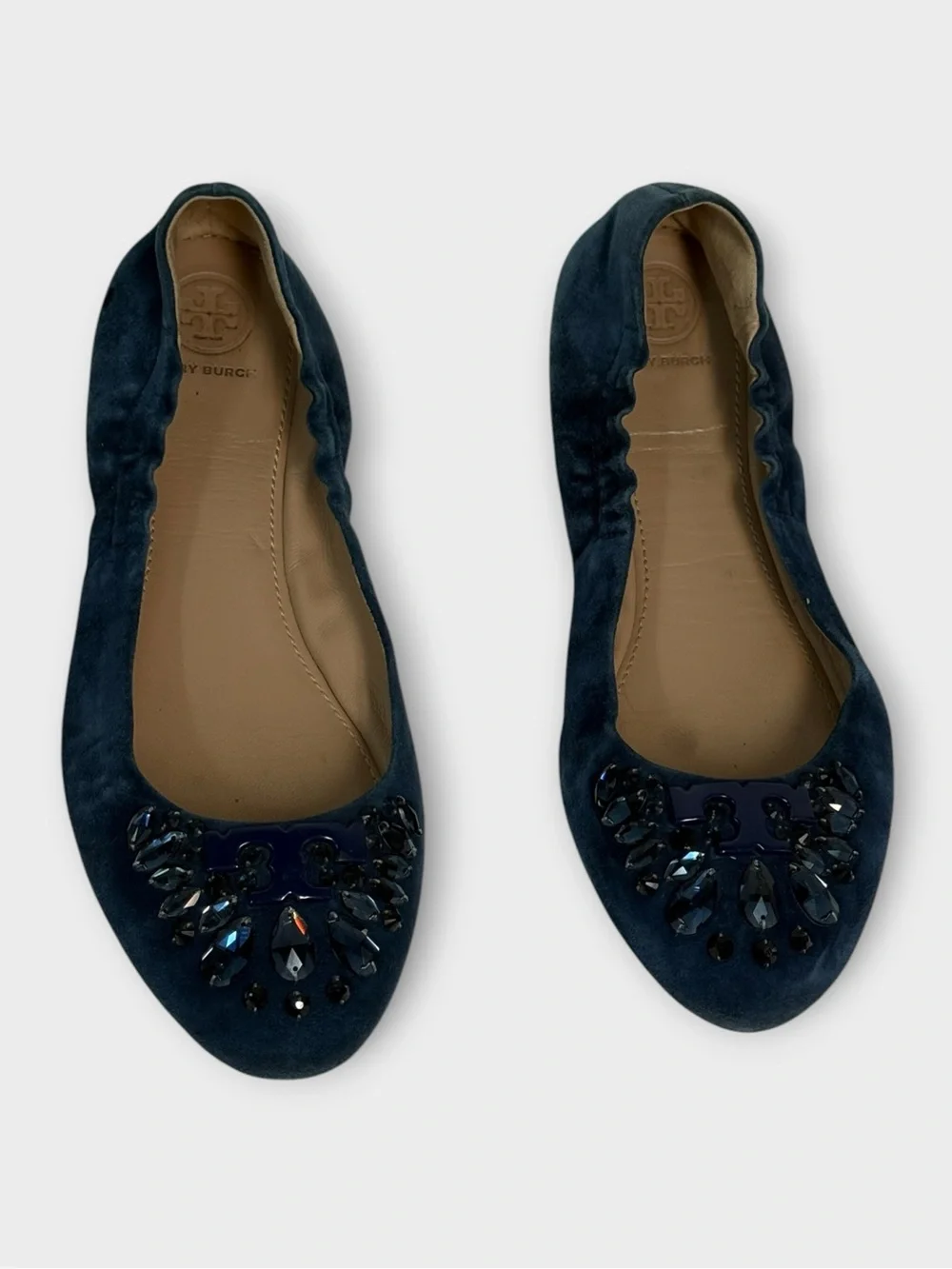 Tory Burch Navy Suede Crystal-Embellished Ballet Flats
